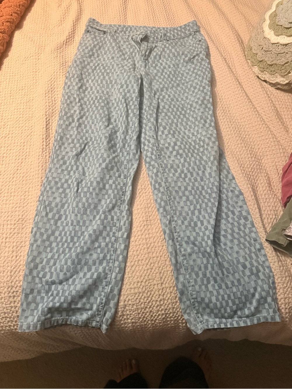 Light Blue Checker Wide-Leg Jeans for Women